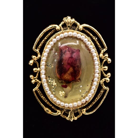 Vintage Dried Rosebud Flower Pin Brooch Antiqued Oval Romantic Chunky 70s BinBP - Picture 1 of 12